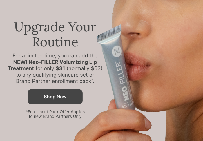50% OFF Neo-FILLER Volumizing Lip Treatment with any Neo-FILLER or Neo-FILLER Set purchase. Featured is a woman kissing a tube of Neo-FILLER Volumizing Lip Treatment.